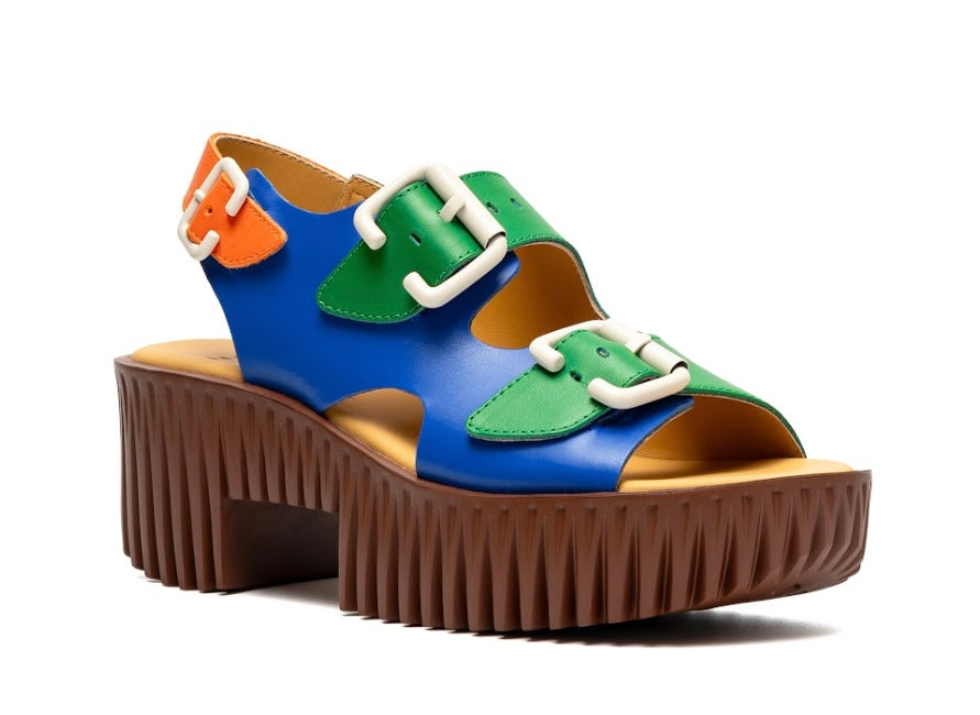 blue green orange and brown platform buckle strap sandal profile