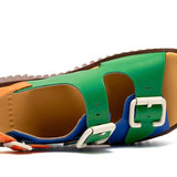 blue green orange and brown platform buckle strap sandal top