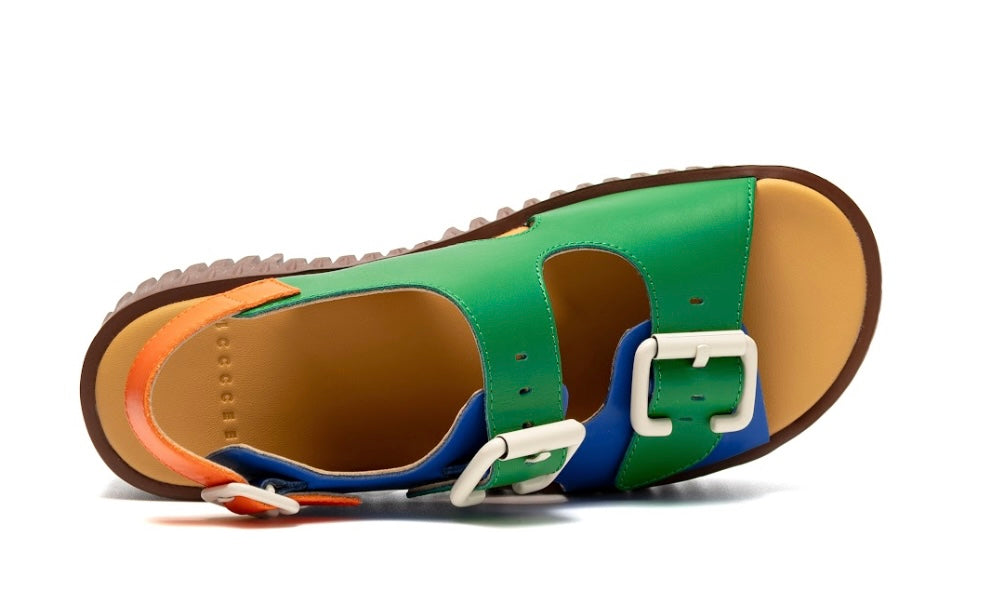 blue green orange and brown platform buckle strap sandal top