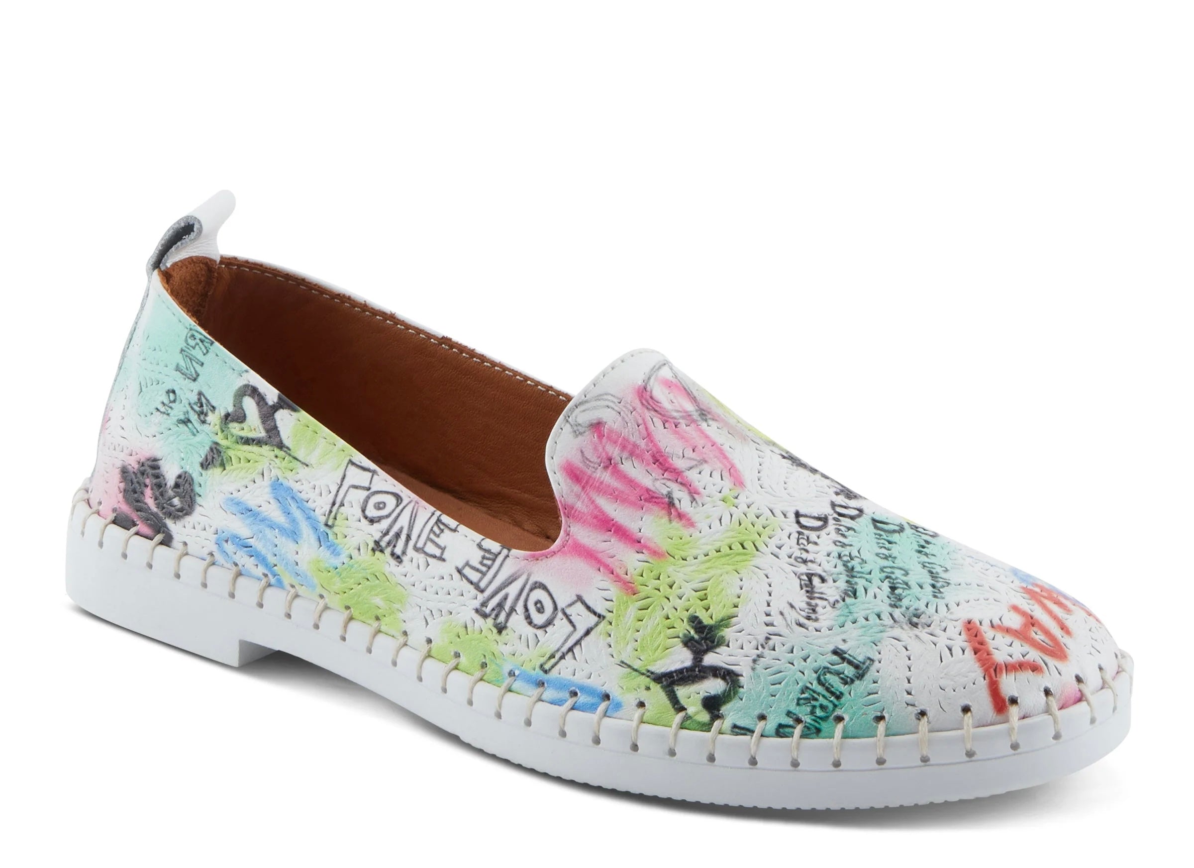 flat slip on comfort shoe loafer with graffiti inspired graphic print design profile