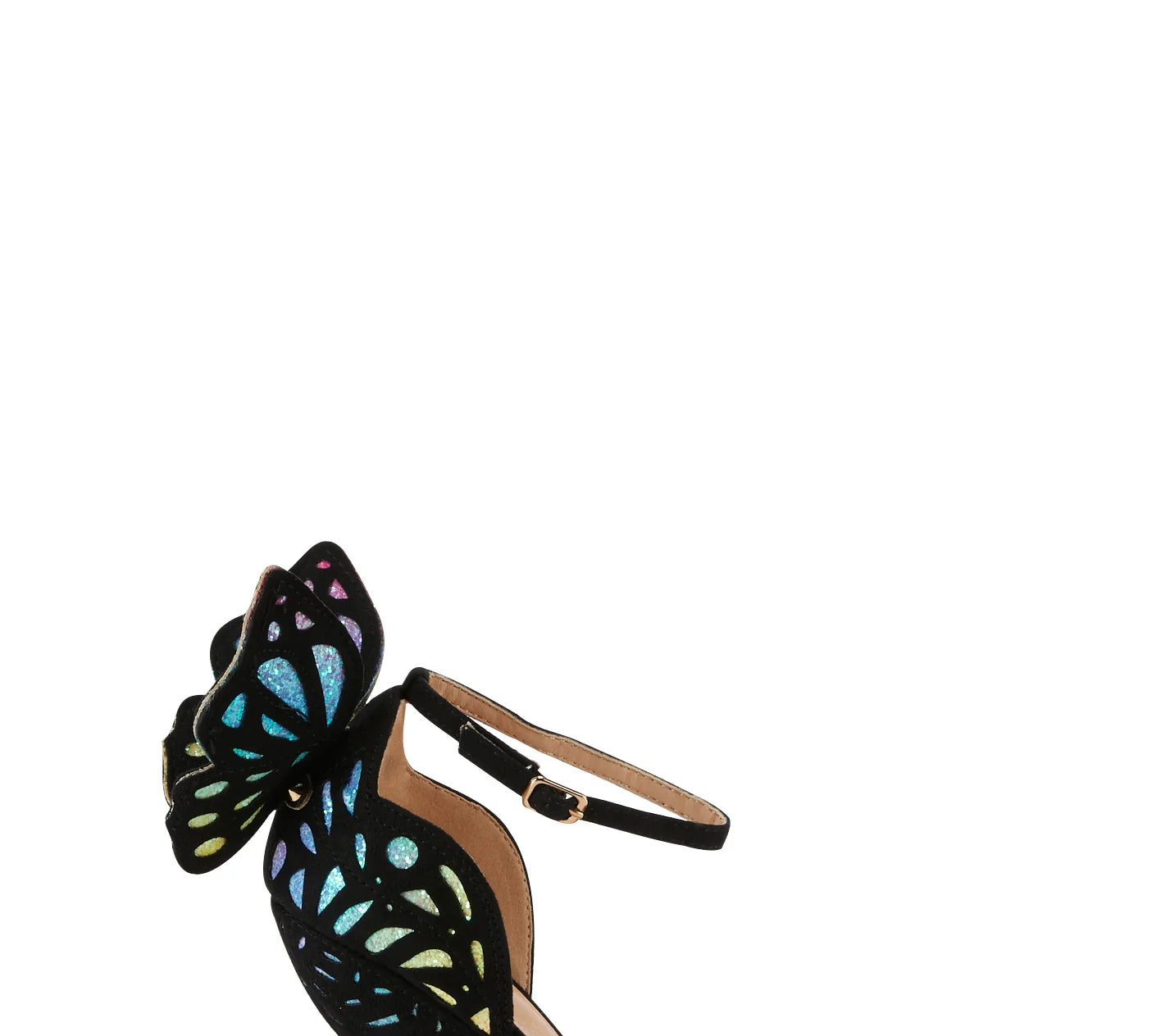 butterfly wedge heel sandal with adjustable ankle strap in black and rainbow glitter detail