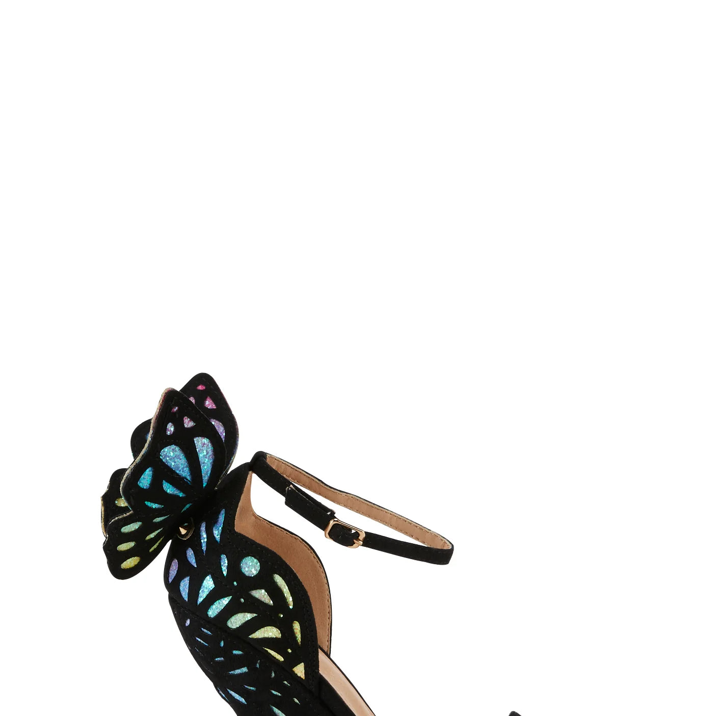 butterfly wedge heel sandal with adjustable ankle strap in black and rainbow glitter detail