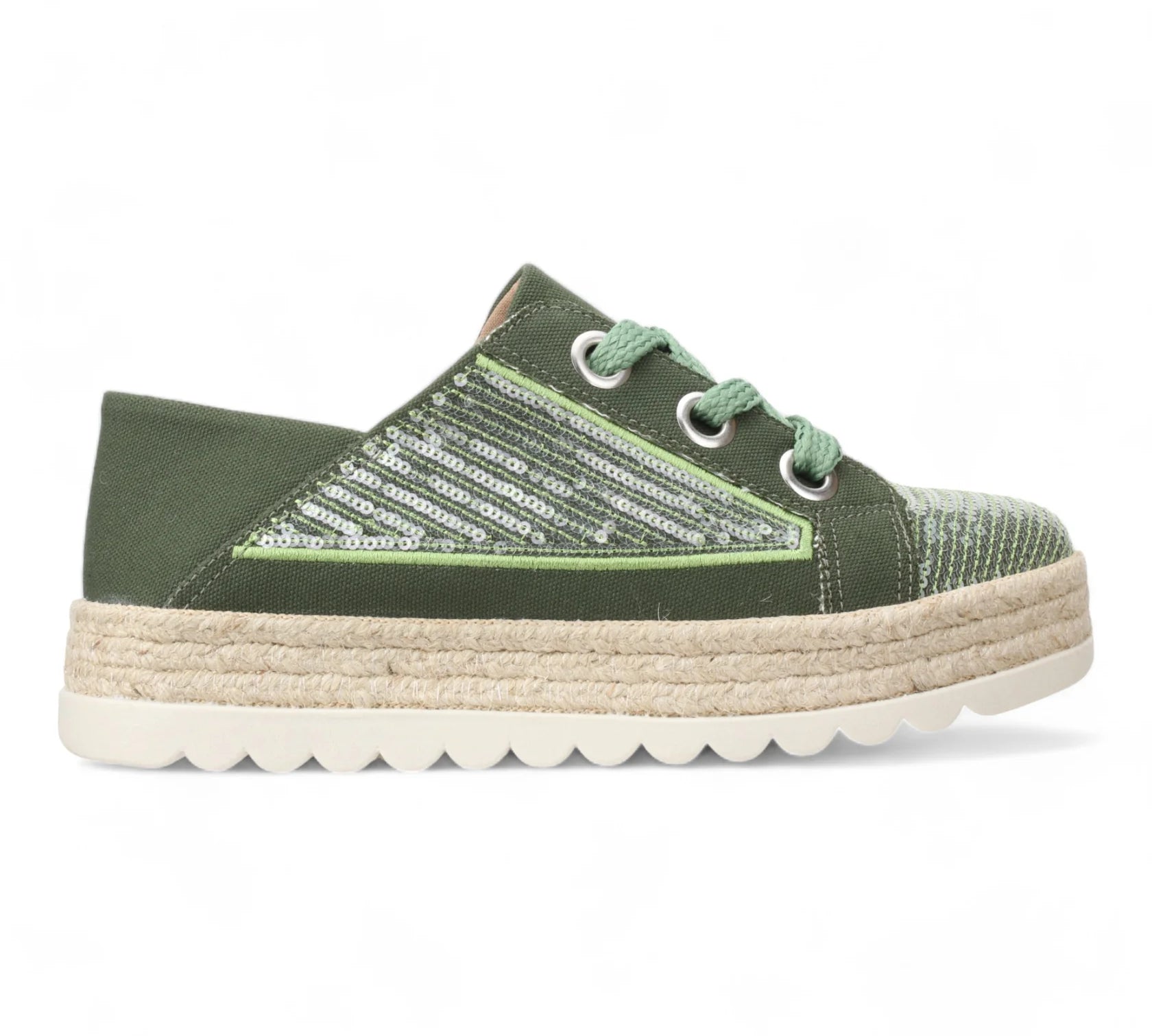 green platform sneakers with sequin details and green woven laces detailed