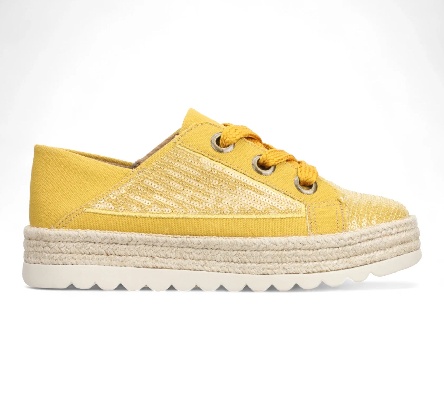 yellow platform sneakers with sequin detail and yellow laces close up