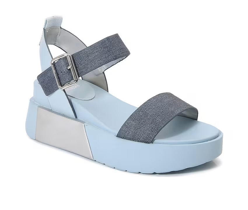 blue color block platform sandal with buckle strap side profile