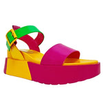 yellow pink and green color block platform sandal with buckle strap profile 