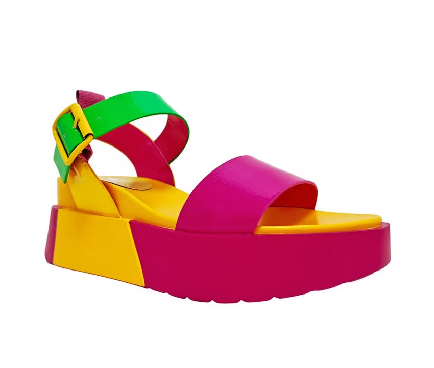 yellow pink and green color block platform sandal with buckle strap profile 