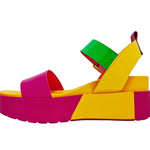 yellow pink and green color block platform sandal with buckle strap side