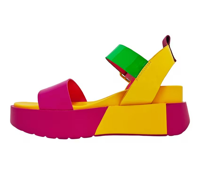 yellow pink and green color block platform sandal with buckle strap side