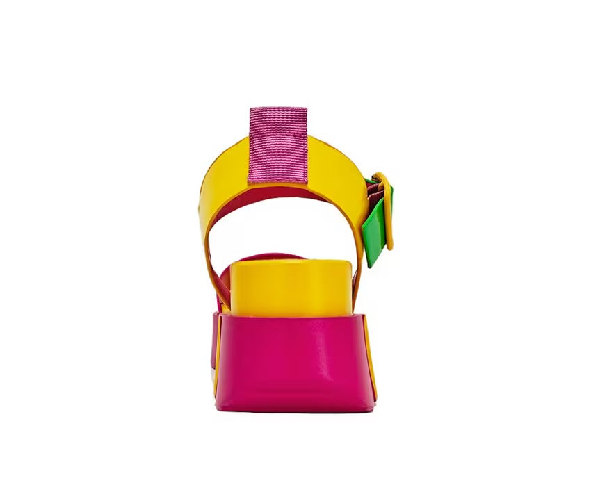 yellow pink and green color block platform sandal with buckle strap back