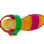 yellow pink and green color block platform sandal with buckle strap top