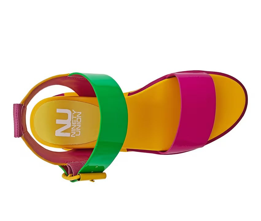 yellow pink and green color block platform sandal with buckle strap top