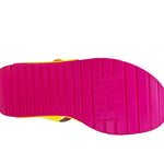 yellow pink and green color block platform sandal with buckle strap bottom