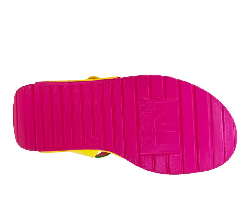 yellow pink and green color block platform sandal with buckle strap bottom