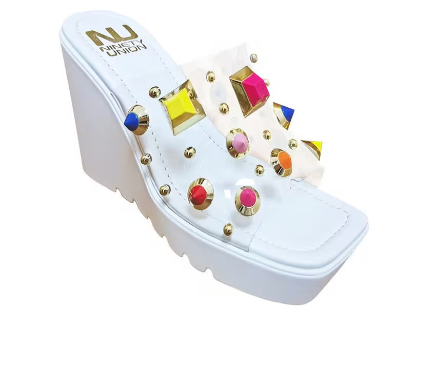 white platform wedge slip on sandal with multi-colored jewel side