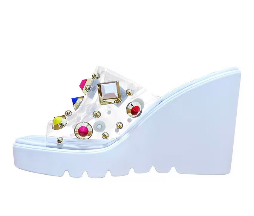 white platform wedge slip on sandal with multi-colored jewel side