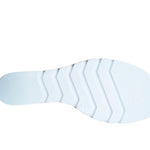 white platform wedge slip on sandal with multi-colored jewel bottom