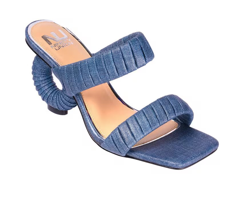 denim blue square open toe sling back heel sandals with open circular heel profile view
