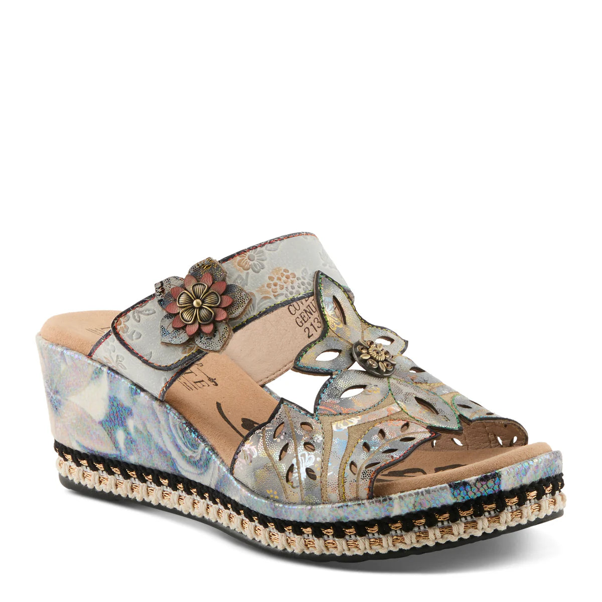 floral graphic printed open back platform slide sandal with adjustable top strap in blue and neutral colors with 3D flower appliques side view