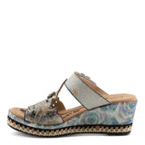 floral graphic printed open back platform slide sandal with adjustable top strap in blue and neutral colors with 3D flower appliques side profile