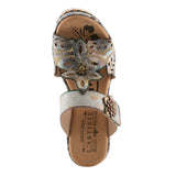 floral graphic printed open back platform slide sandal with adjustable top strap in blue and neutral colors with 3D flower appliques top