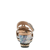 floral graphic printed open back platform slide sandal with adjustable top strap in blue and neutral colors with 3D flower appliques back