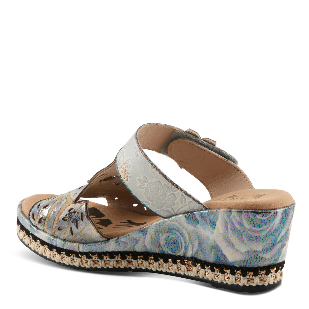 floral graphic printed open back platform slide sandal with adjustable top strap in blue and neutral colors with 3D flower appliques back side