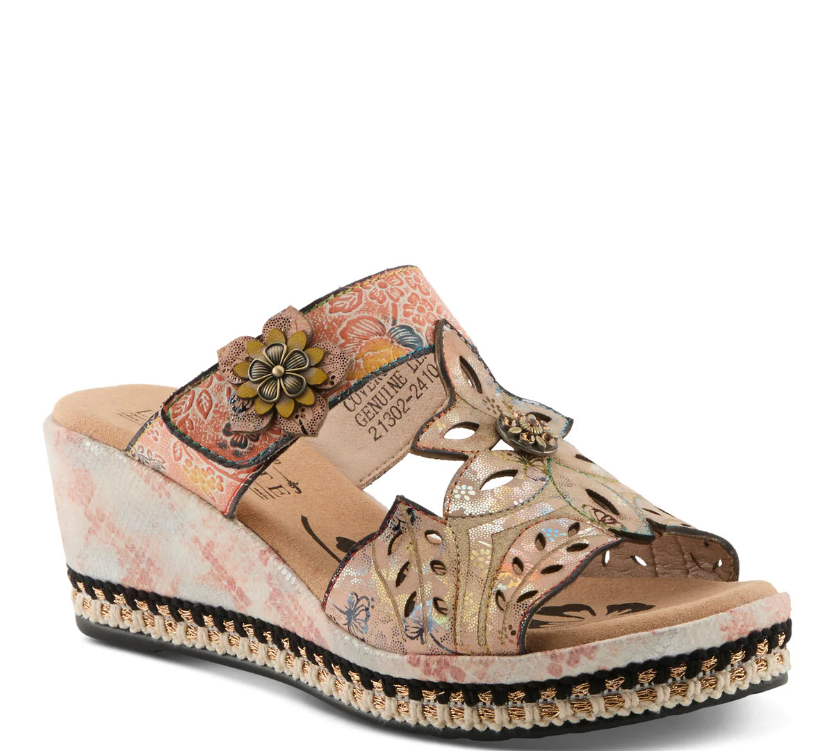 floral graphic printed open back platform slide sandal with adjustable top strap in red and neutral colors with 3D flower appliques side profile