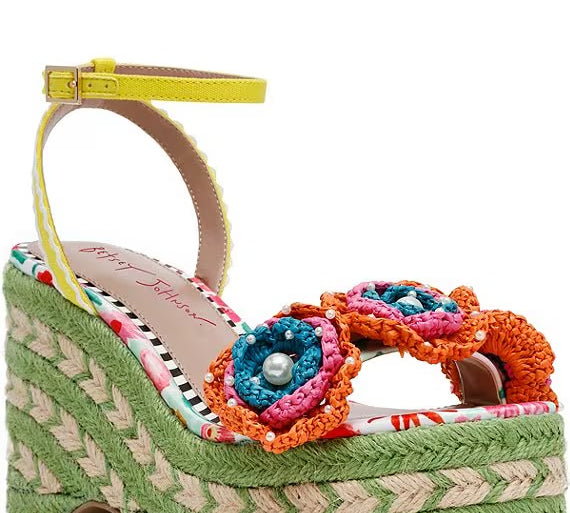 wedge strappy sandal with raffia texture and flower detail with pearls side profile