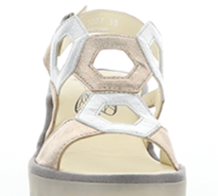 metallic gold and silver platform wedge heel sandal with adjustable strap front