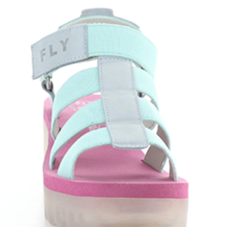 wedge strappy sandal in light blue and pink front view