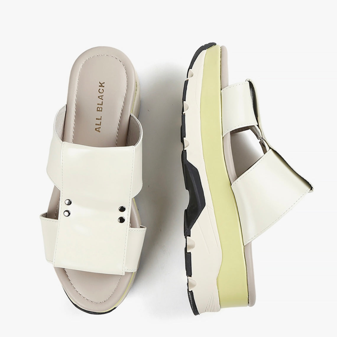 neutral tone with light green color block slip on slide backless platform sandals pair top and side