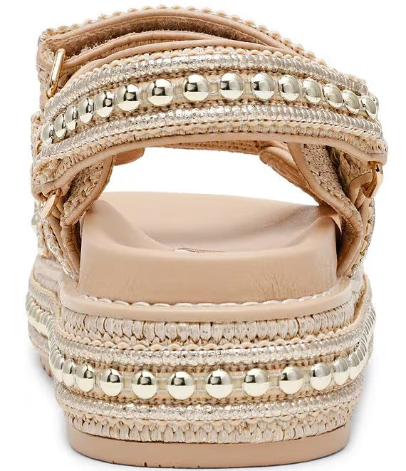 gold detail on raffia texture platform sandal with multiple adjustable straps back view