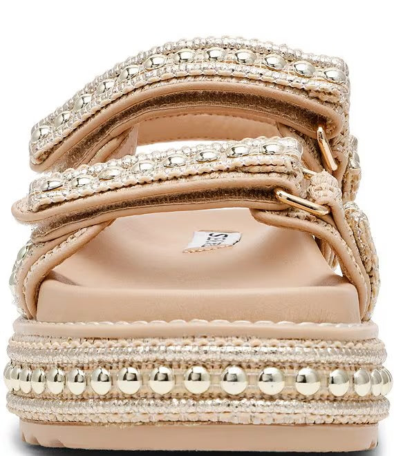 gold detail on raffia texture platform sandal with multiple adjustable straps front view