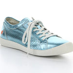 blue metallic perforated low top sneaker with white laces side profile