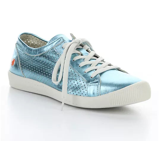 blue metallic perforated low top sneaker with white laces side profile