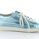 blue metallic perforated low top sneaker with white laces side