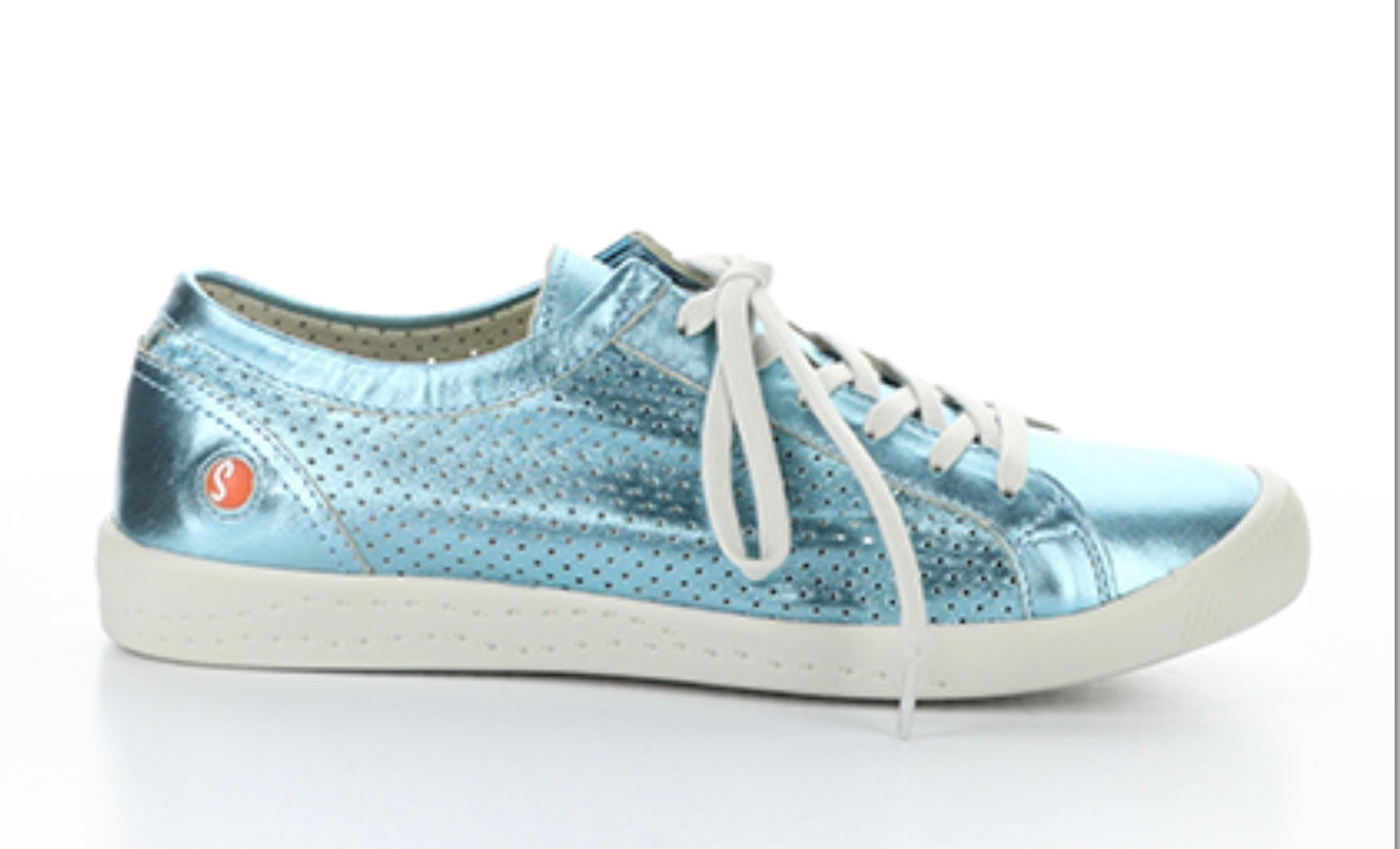 blue metallic perforated low top sneaker with white laces side