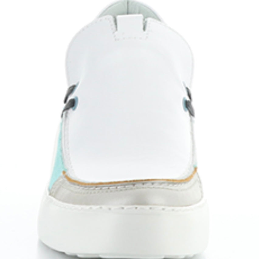 blue teal white platform wedge slip on sneaker made of leather and suede front