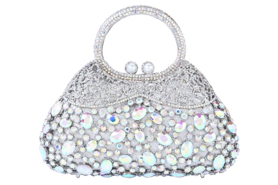 Iridescent crystal embellished  evening bag with top handle and option drop-in chain close up
