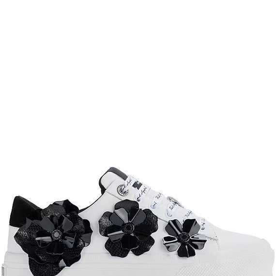A white Karl Lagerfeld Georgia sneaker with black floral ornament details on the side 2