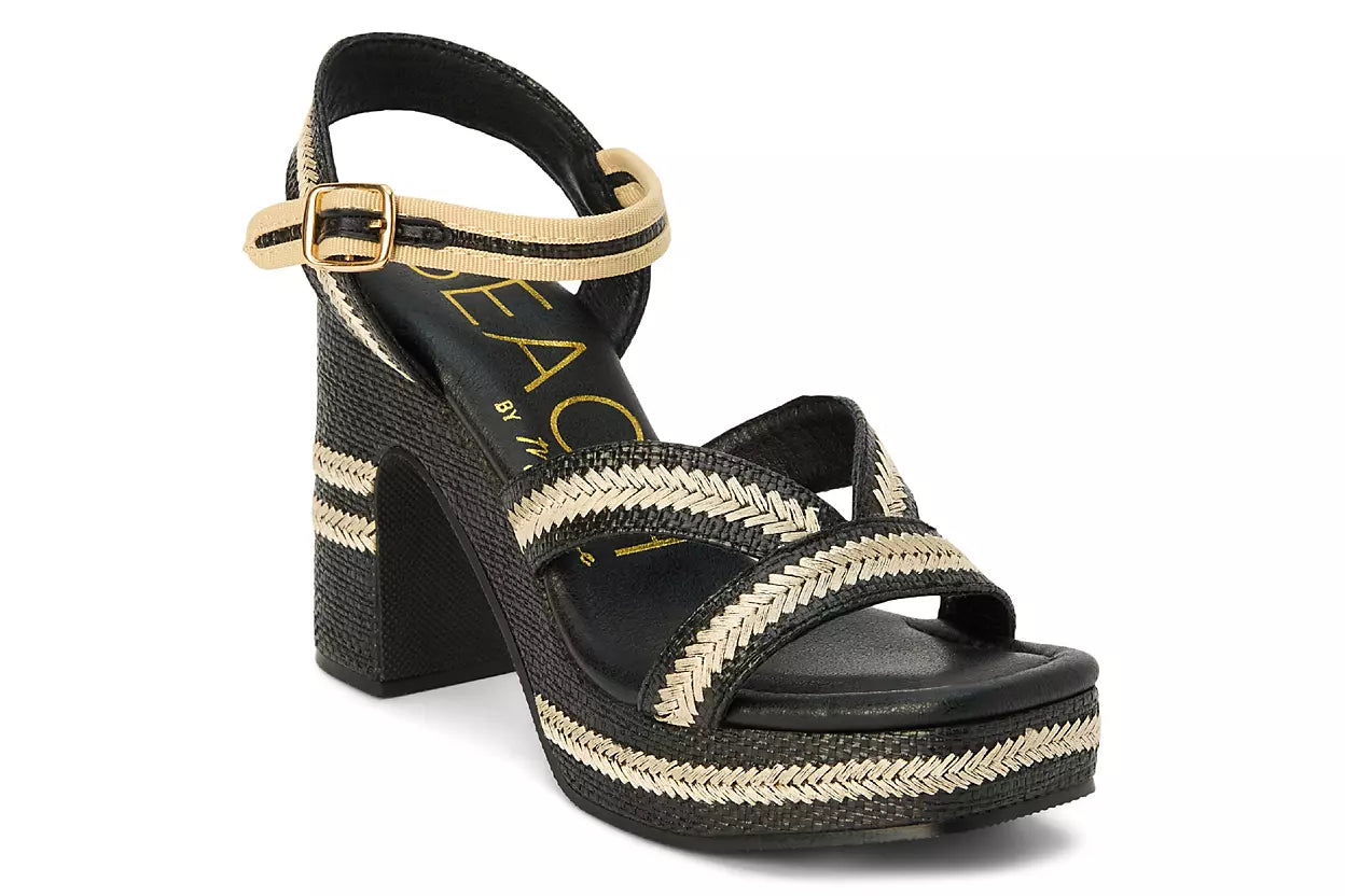 black and tan woven material platform block heel sandal with adjustable ankle strap side profile