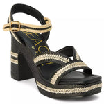 black and tan woven material platform block heel sandal with adjustable ankle strap side profile