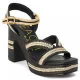black and tan woven material platform block heel sandal with adjustable ankle strap side profile