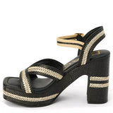 black and tan woven material platform block heel sandal with adjustable ankle strap side inside view