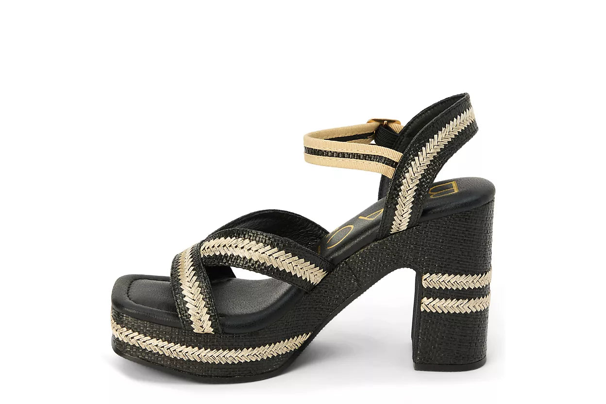 black and tan woven material platform block heel sandal with adjustable ankle strap side inside view