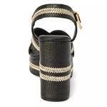black and tan woven material platform block heel sandal with adjustable ankle strap from the back