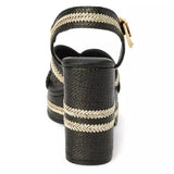 black and tan woven material platform block heel sandal with adjustable ankle strap from the back