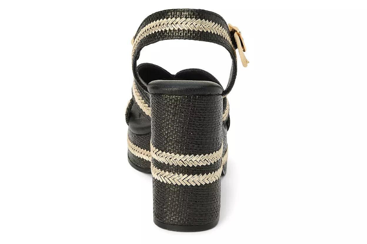 black and tan woven material platform block heel sandal with adjustable ankle strap from the back