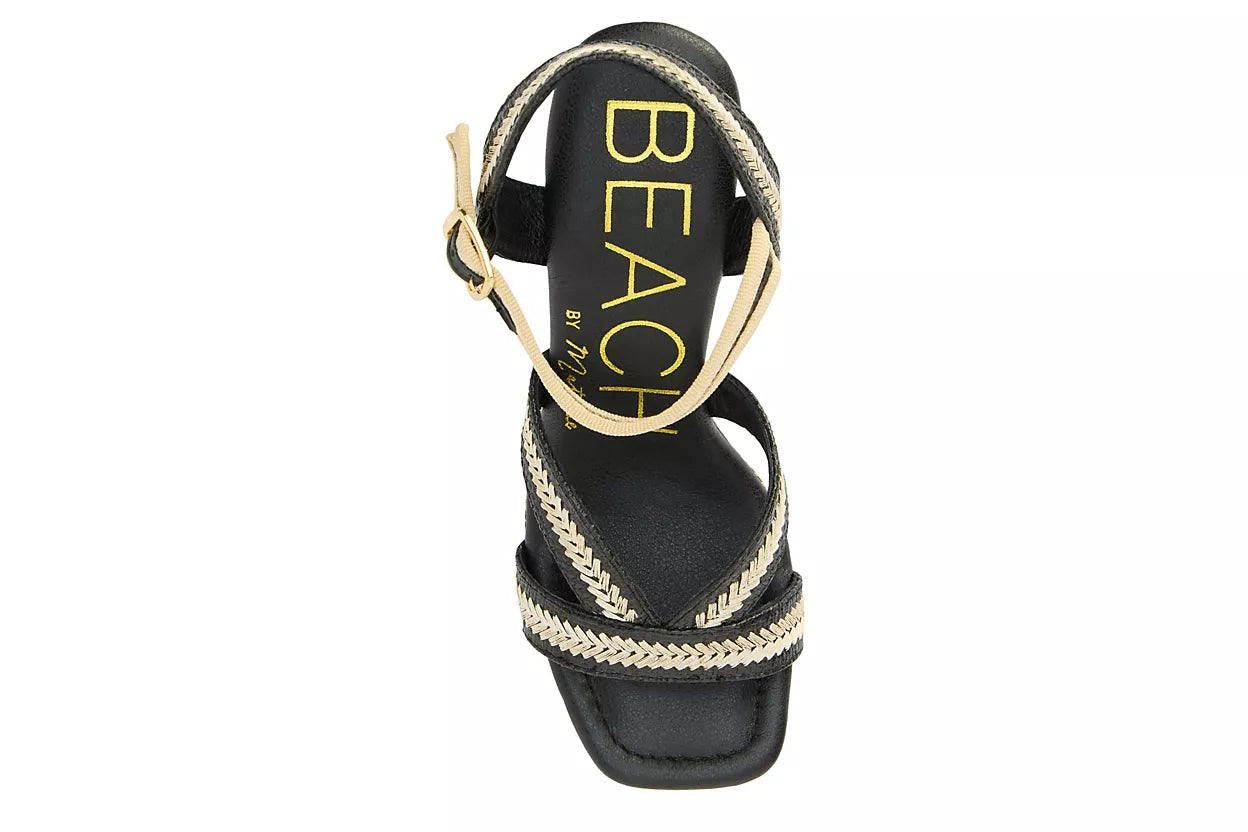 black and tan woven material platform block heel sandal with adjustable ankle strap from top